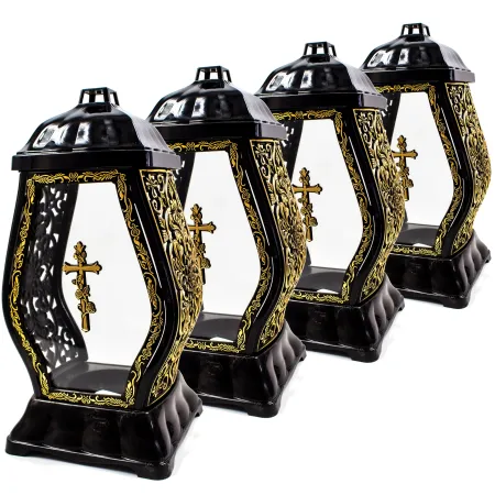 Zestaw 4 Zniczy Kapliczka Nagrobna ze złotymi Krzyżem i zdobieniami Elegancki Lampion Pamięci